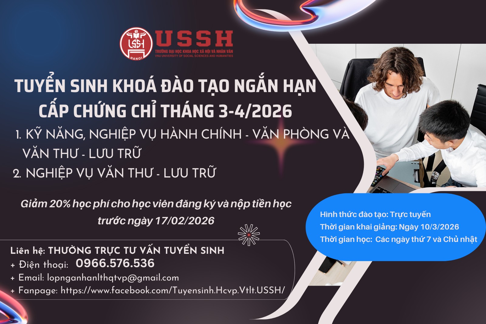 GIẢM 20% HỌC PHÍ KHOÁ ĐÀO TẠO CẤP CHỨNG CHỈ: “KỸ NĂNG, NGHIỆP VỤ HÀNH CHÍNH - VĂN PHÒNG VÀ VĂN THƯ - LƯU TRỮ” VÀ KHOÁ “NGHIỆP VỤ VĂN THƯ – LƯU TRỮ” THÁNG 3 - 4/2026